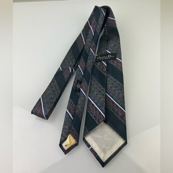 Christian Dior Monsieur VTG Diagonal Striped Gray Blue Red Tie - Picture 8 of 14